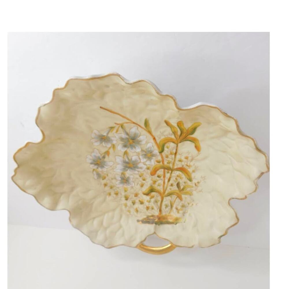 Antique Victoria Carlsbad Austria Porcelain Leaf Platter Gilded Floral Tray - Picture 7 of 11
